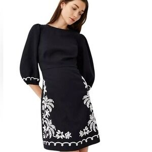 Ann Taylor Linen Viscose Knee Length Embroidered Puff Sleeve Black Dress Size 12